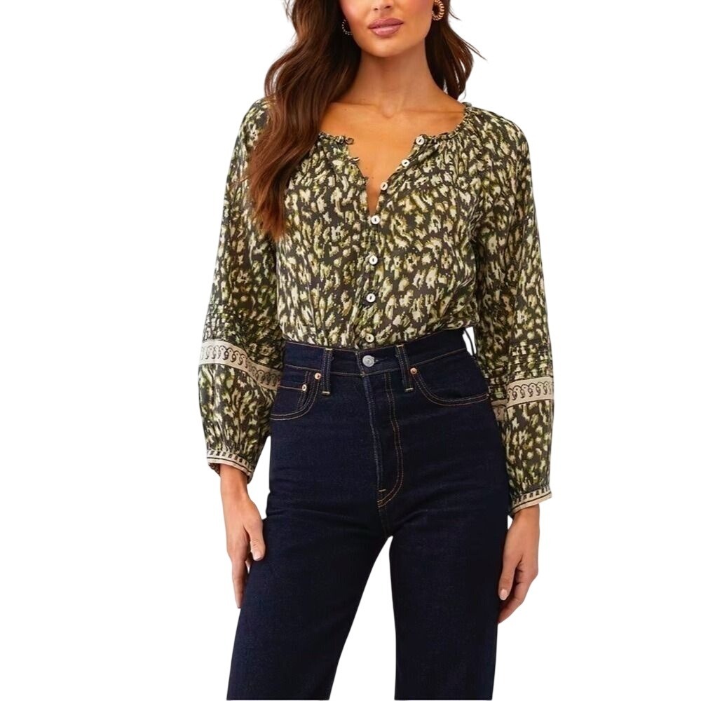 Cleobella Alicia Blouse Animal Print  Peasant Boho Women Medium Organic‎ Cotton